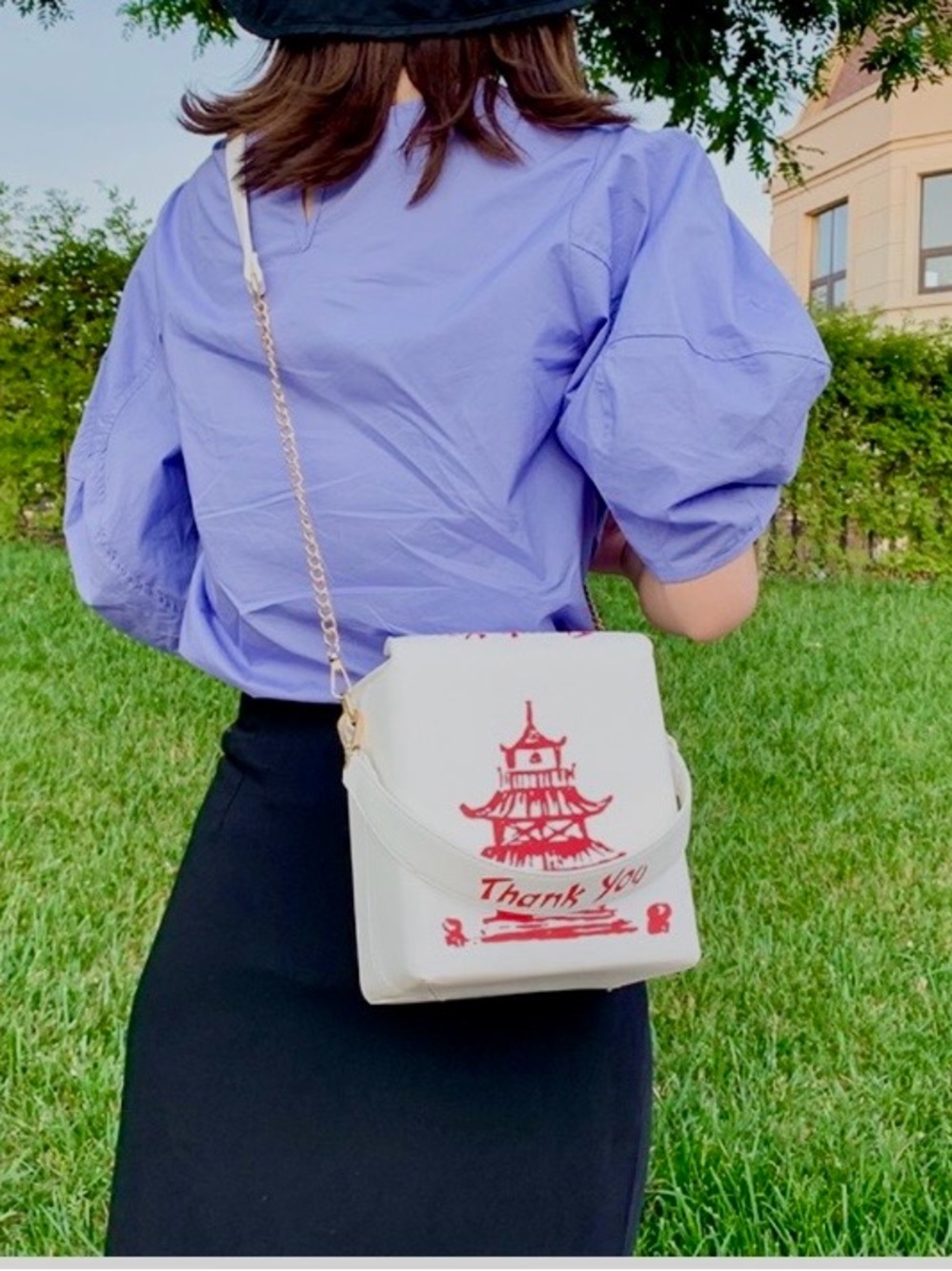 Silver Asian Take-Out Crossbody Bag + Red Pagoda Print "Thank You" NWOT